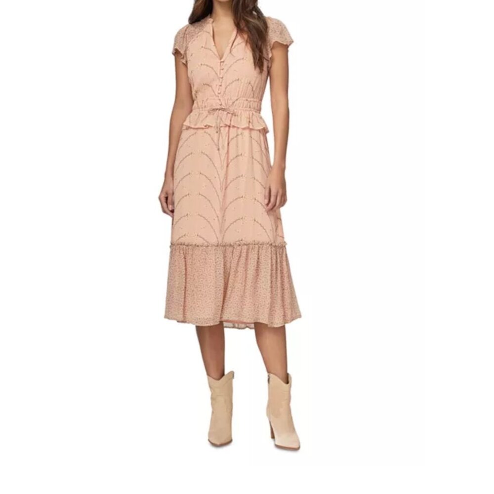 Paige Womens XS Peach Print Ruffle Midi Dress Silk